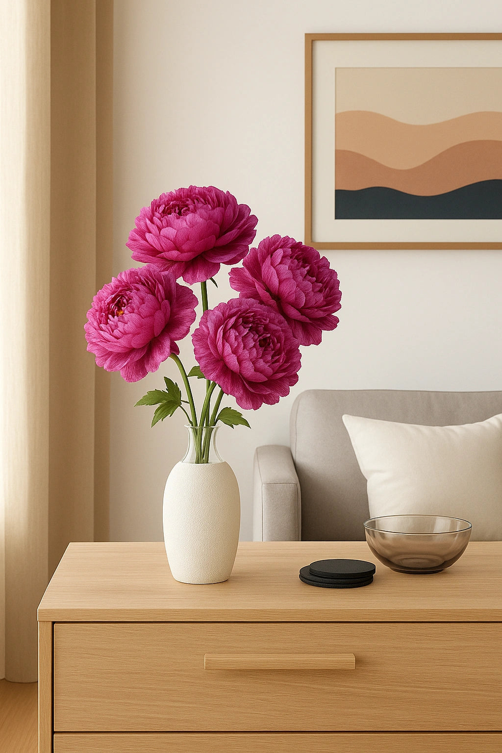 Vase with pink flowers on a wooden dresser in a living room setting.