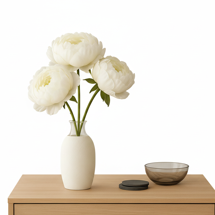 White peonies in a vase on a wooden side table with a white background