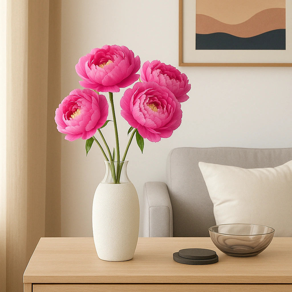 Pink flowers in a white vase on a wooden side table with a sofa and framed artwork in the background.