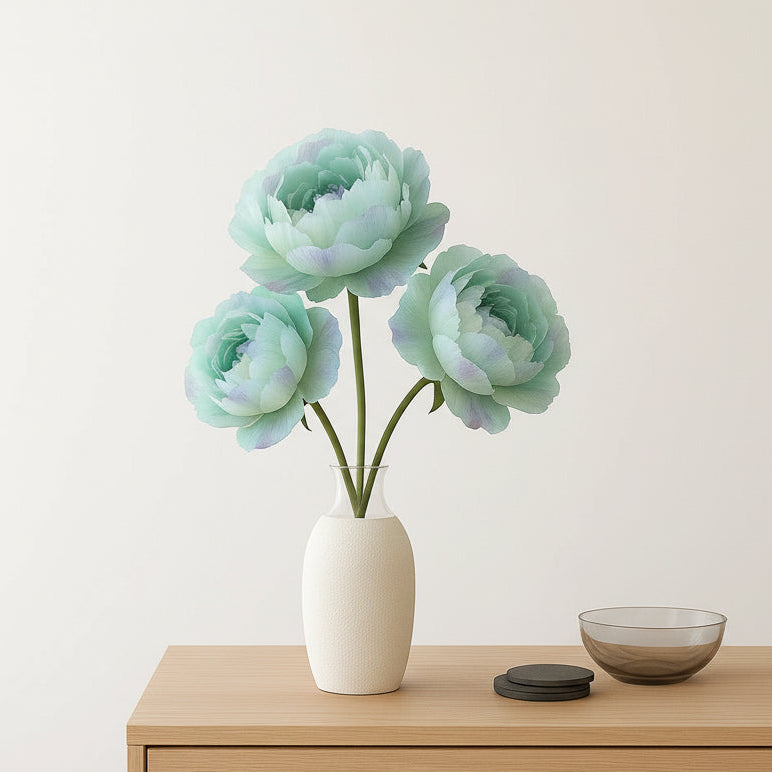 Decorative flowers in a white vase on a wooden dresser with a painting on the wall.