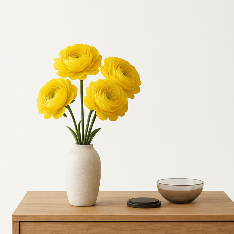 Yellow flowers in a white vase on a wooden dresser with a white background