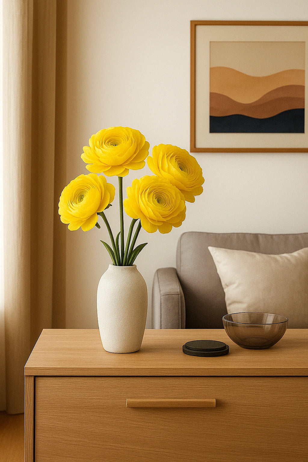 Yellow flowers in a white vase on a wooden side table with a sofa and framed artwork in the background.