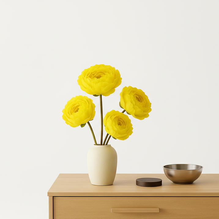 Yellow flowers in a vase on a wooden side table against a white background