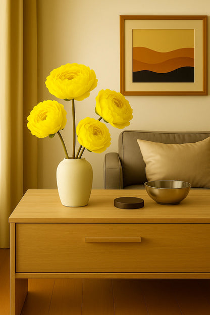 Yellow flowers in a vase on a wooden table with a gray sofa and framed artwork in the background.