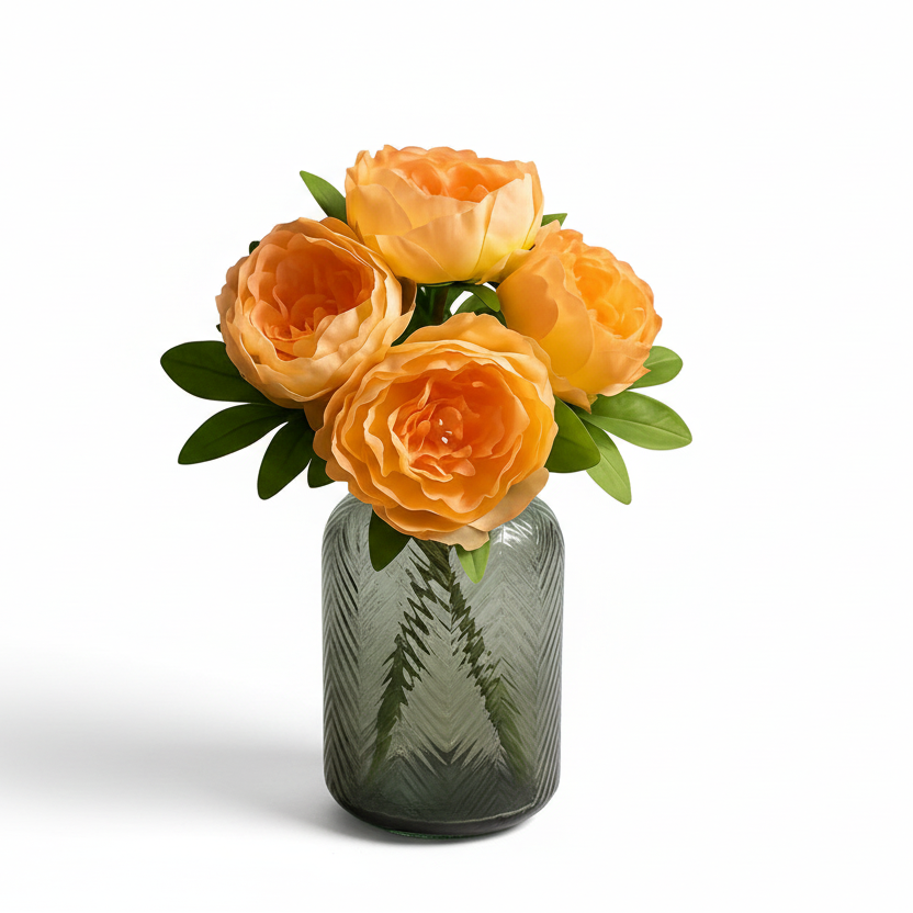 Bouquet of orange roses in a green vase on a white background