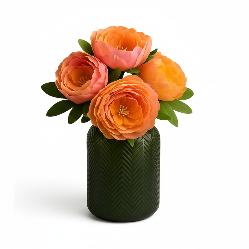 Green vase with orange and pink flowers on a white background