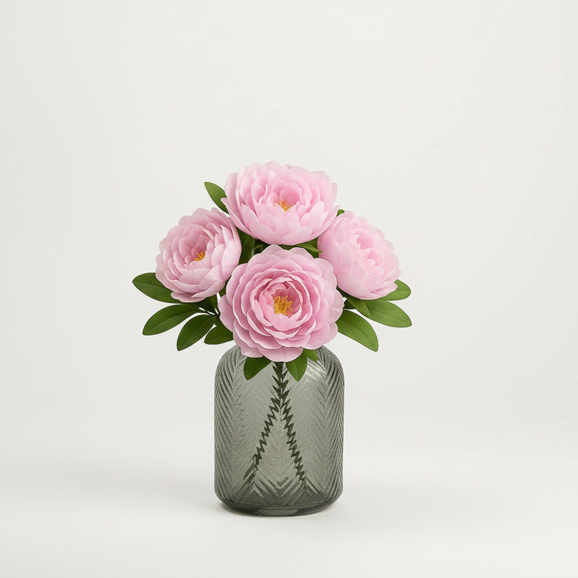 Pink flowers in a textured gray vase on a light gray background