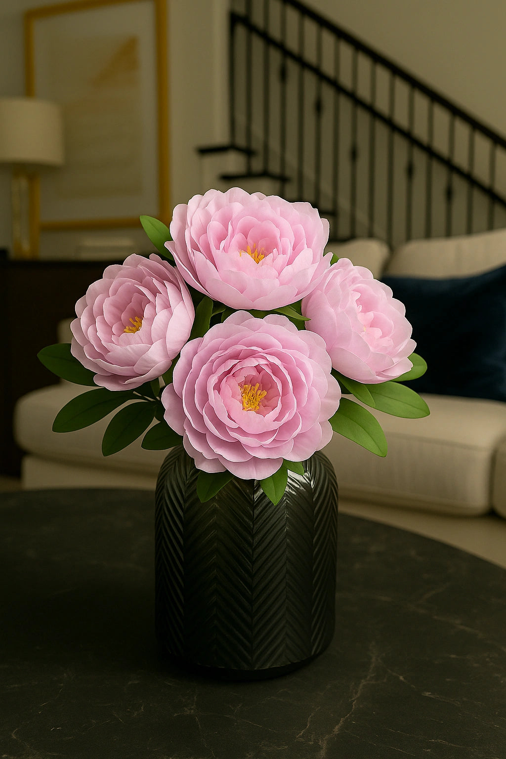 Pink flowers in a black vase on a dark surface with a blurred indoor background