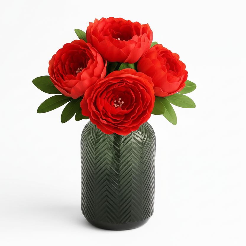 Green vase with red flowers on a white background