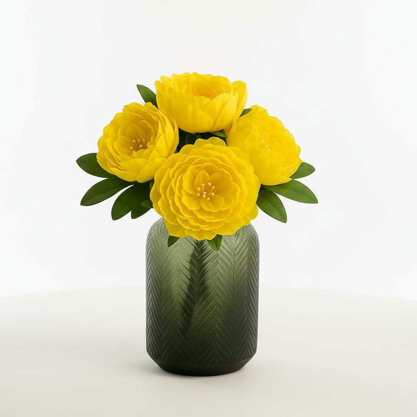Green vase with yellow flowers on a white background