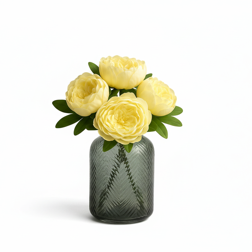 Small gray textured vase with yellow flowers on a white background