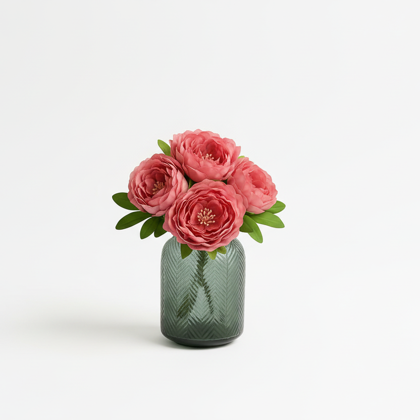 Green glass vase with pink flowers on a white background