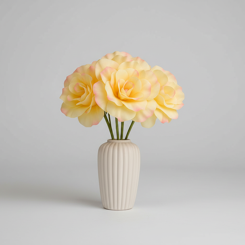 Yellow flowers in a beige vase on a light gray background