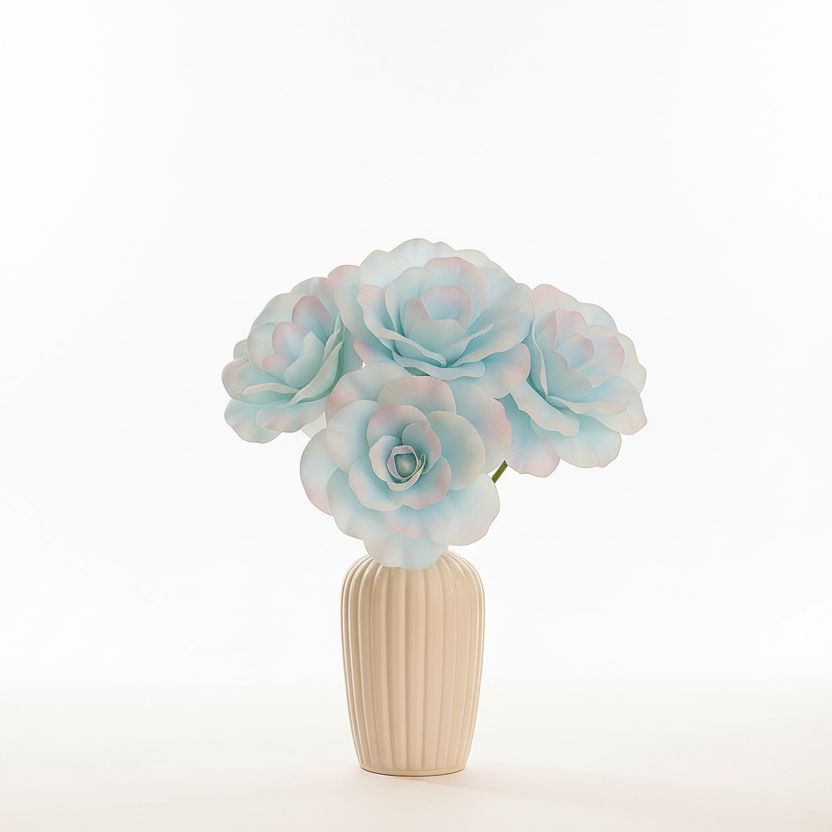 Decorative flower arrangement in a beige vase on a white background