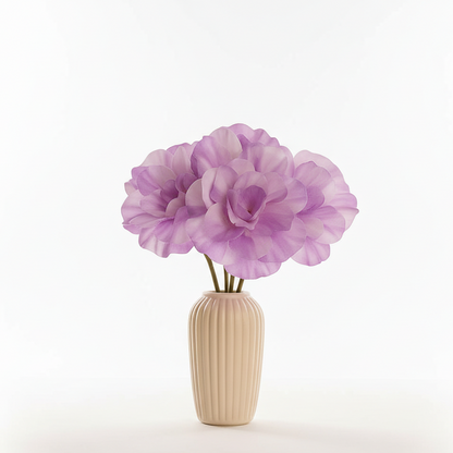 Vase with a single purple flower on a white background