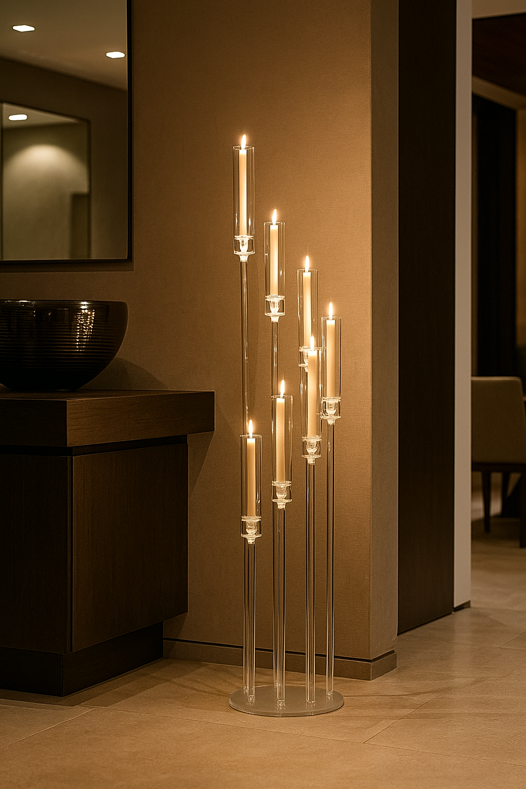 8-Arm Clear Acrylic Cluster Candelabra With Glass Chimneys