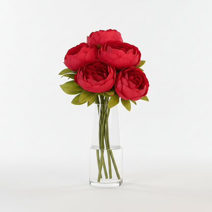 Clear glass vase with red artificial flowers on a white background