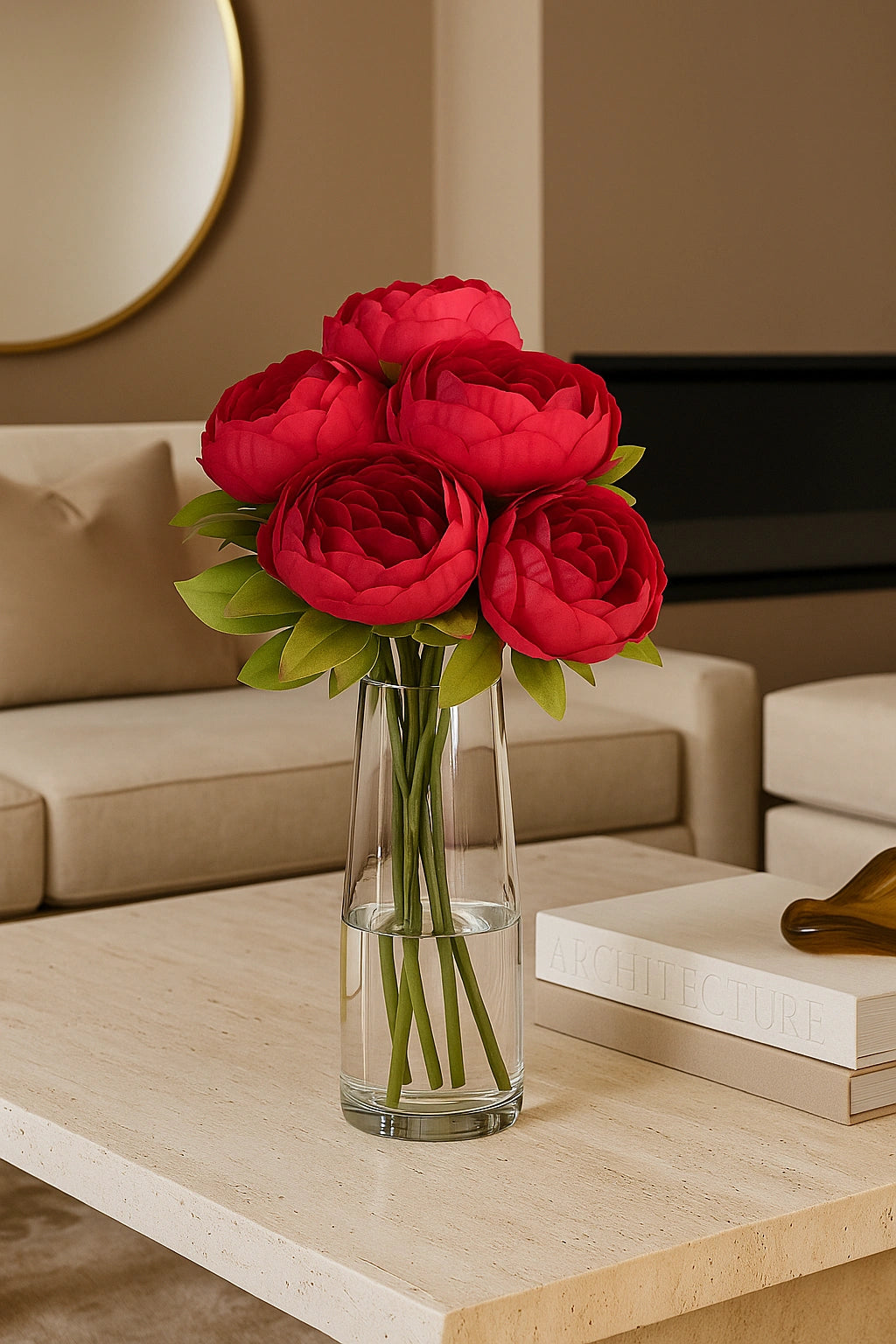 Bouquet of red flowers in a clear vase on a coffee table with a beige sofa and books in the background.