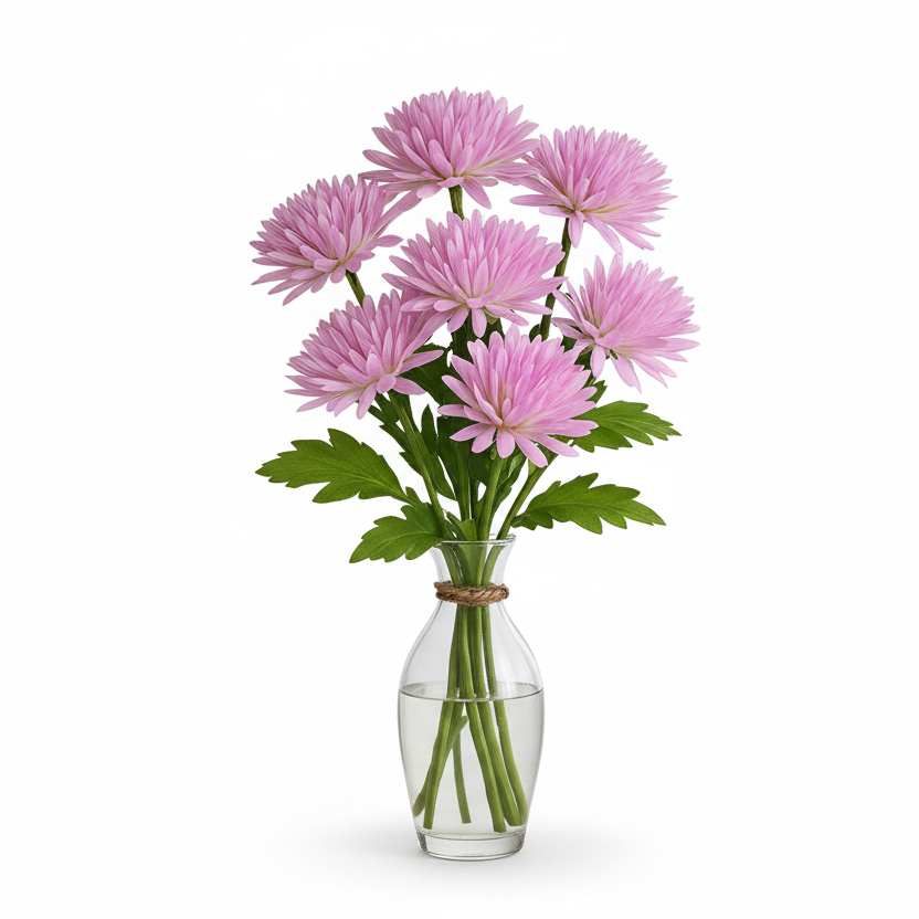 Bouquet of pink flowers in a clear vase on a white background