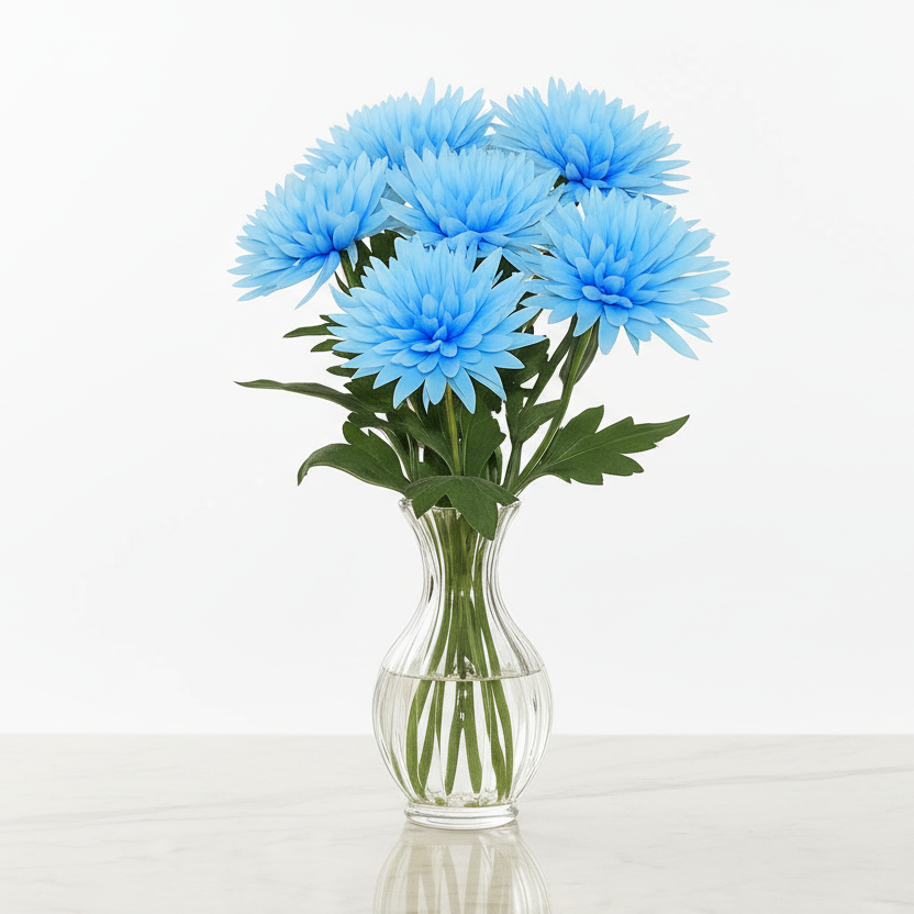 Clear glass vase with blue flowers on a white background