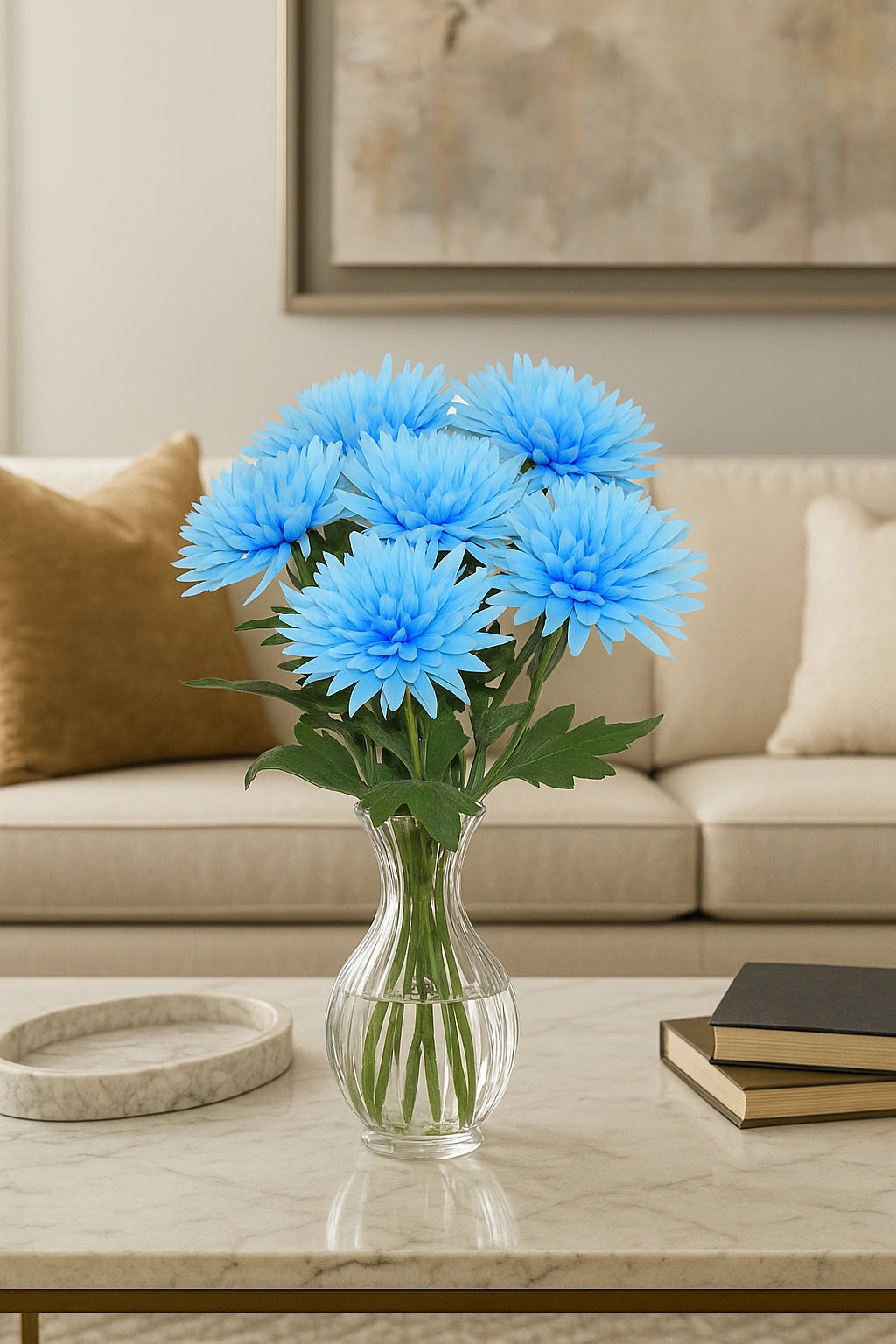 Clear vase with blue flowers on a marble coffee table in a living room.