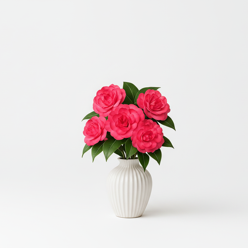 White vase with pink flowers on a white background