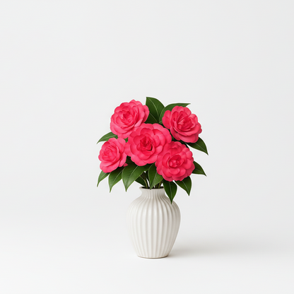 White vase with pink flowers on a white background