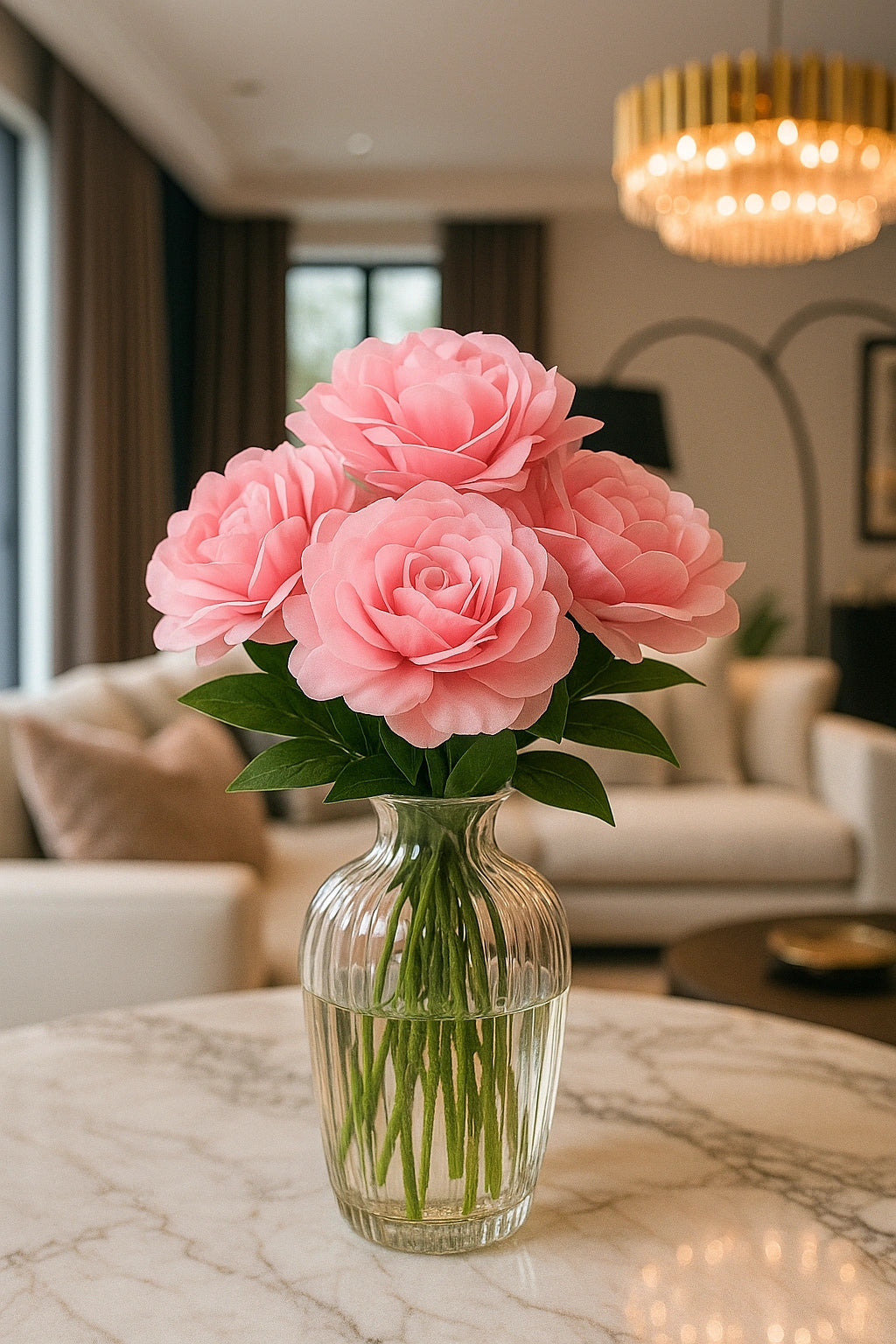 Pink roses in a clear vase on a marble table in a living room.