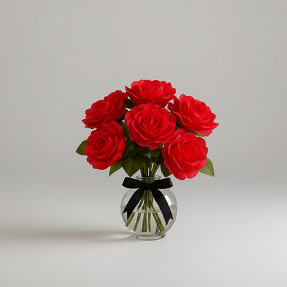 Bouquet of red roses in a clear vase with a black ribbon on a light gray background