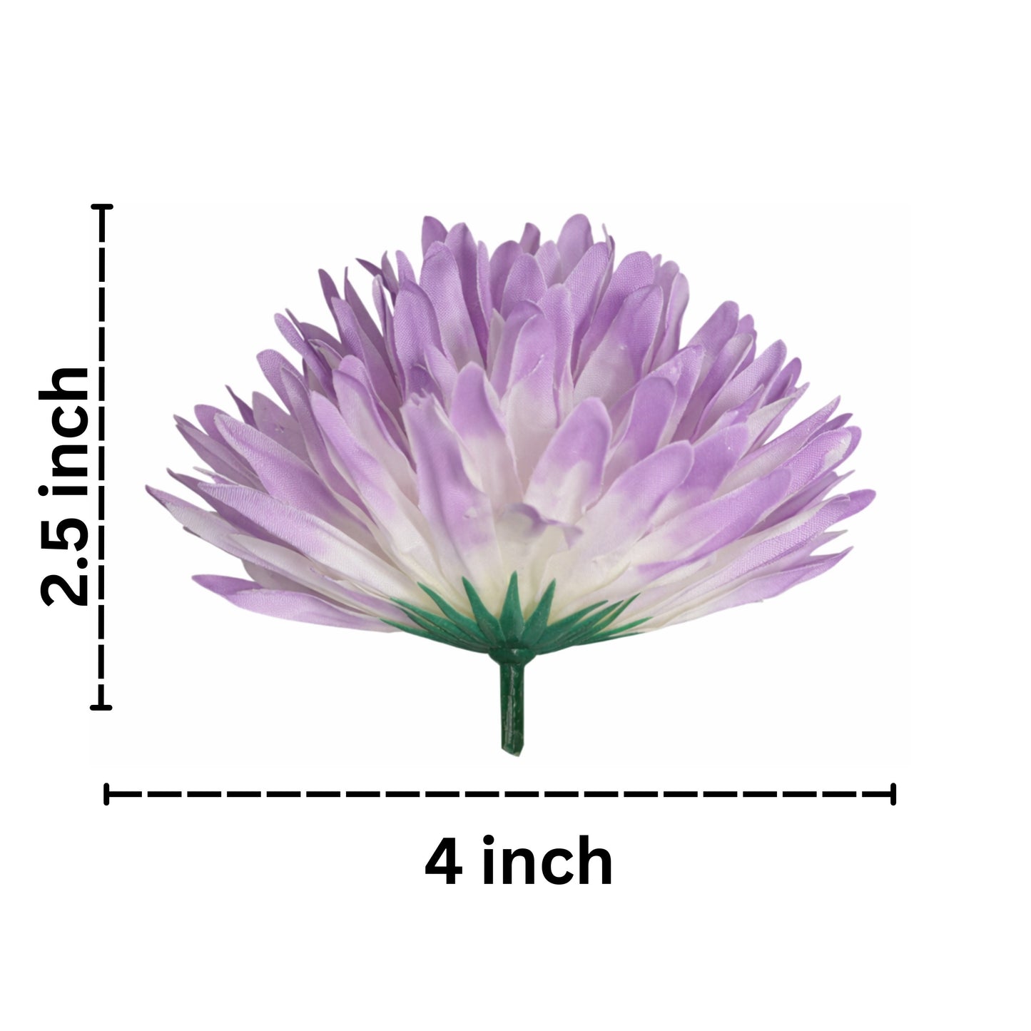 Purple and white artificial flower with measurements on a white background