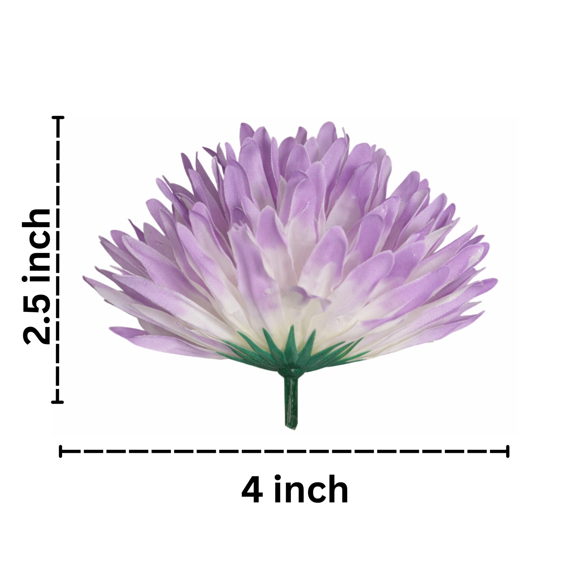 Purple and white artificial flower with measurements on a white background