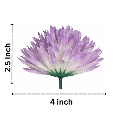 Purple and white artificial flower with measurements on a white background