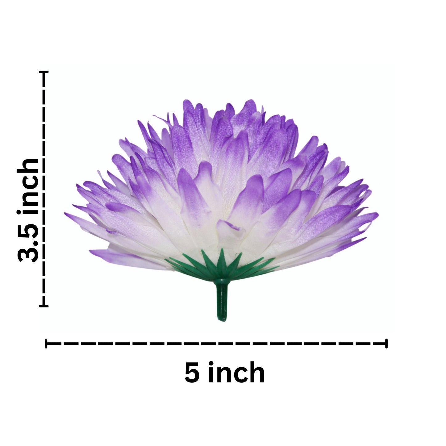 Purple and white artificial flower with measurements on a white background