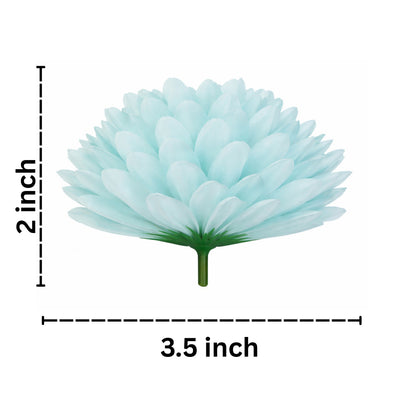 Measurement chart of a light blue flower with dimensions labeled on a white background