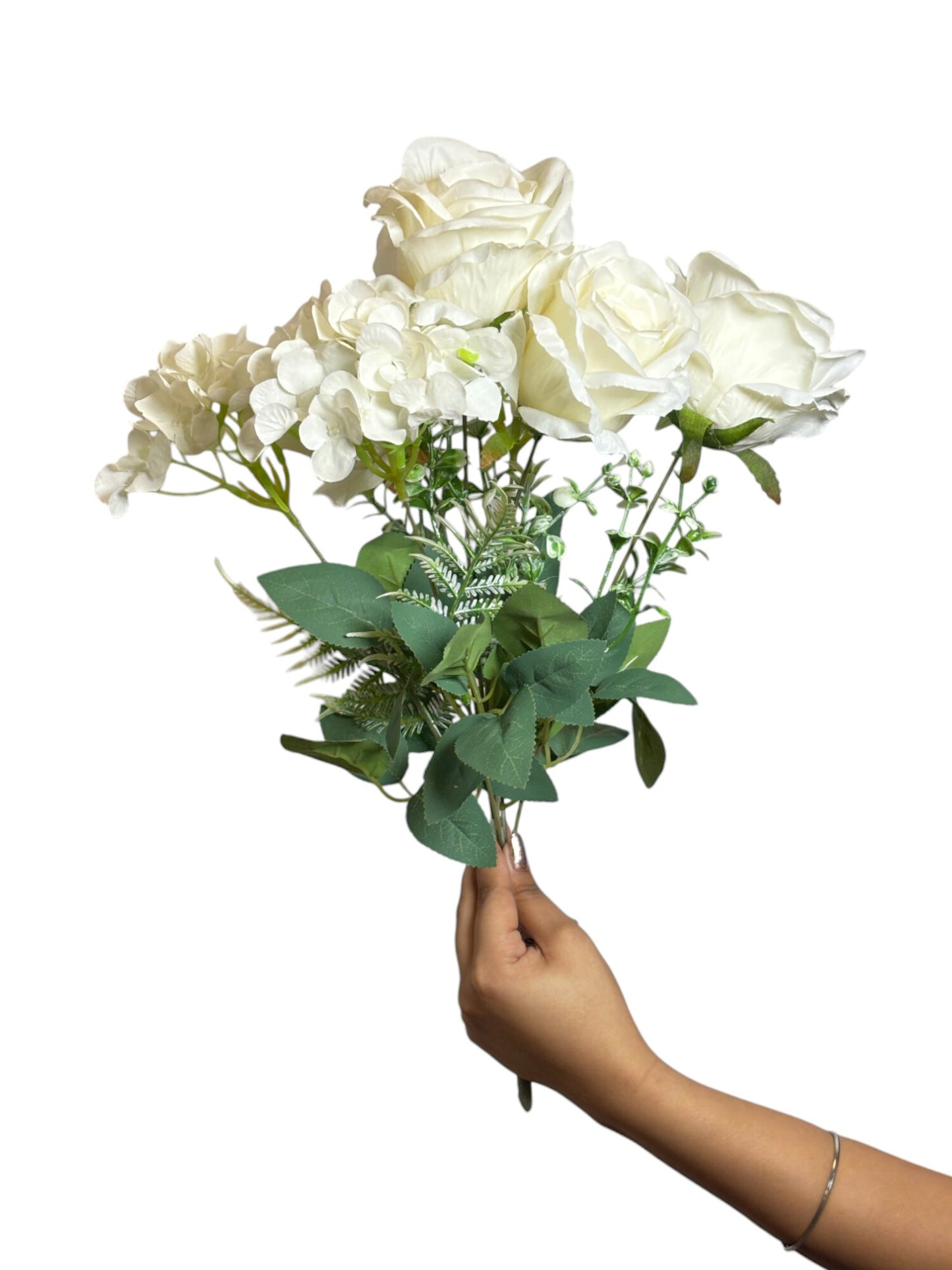 Hydrangea & Rose Blooms Flower Bunch 45cm Off White (Pack of 5)