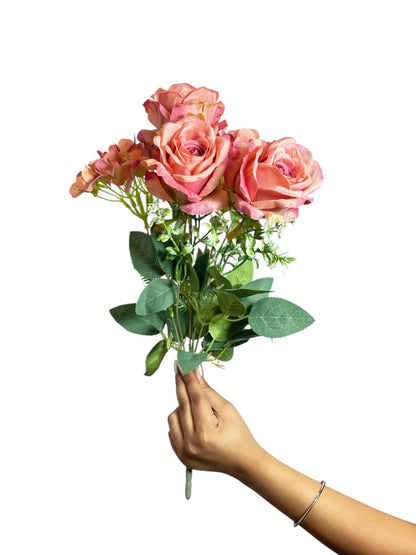 Hydrangea & Rose Blooms Flower Bunch 45cm Onion Pink (Pack of 5)