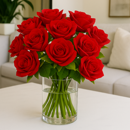 Bouquet of red roses in a clear vase on a table with a living room background